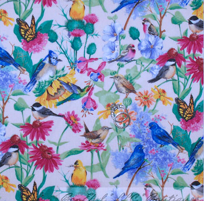 Cotton Fabric BTY White Blue Jay BIRD Butterfly Yellow Sun Flower Garden