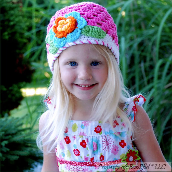 Boutique Baby Hat 2-5 Years Crochet Colorful Flower Spring Summer