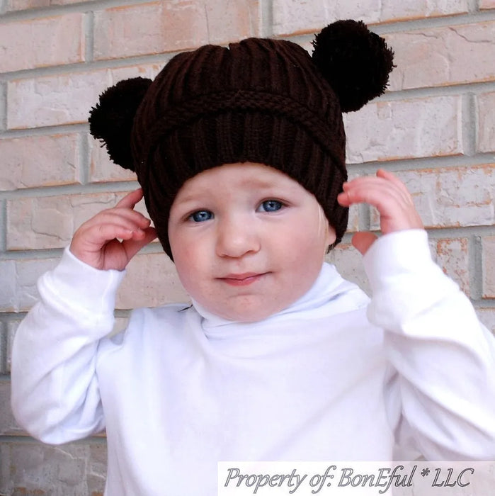 Boutique Baby Hat Unisex 9-24 Months Brown Crochet Pom Poms
